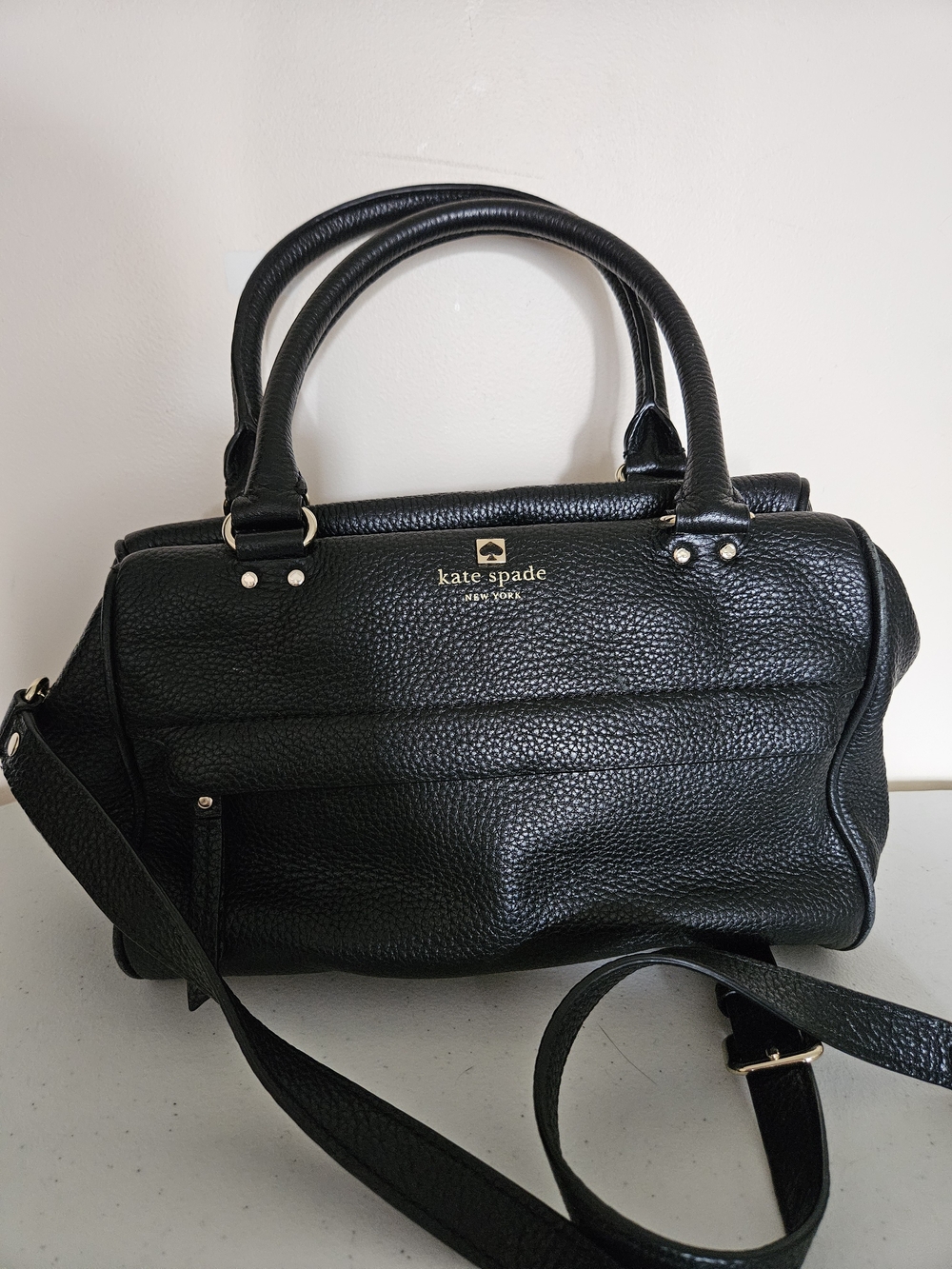 kate spade Black Pebbled Leather Dome Satchel with Gold Accents